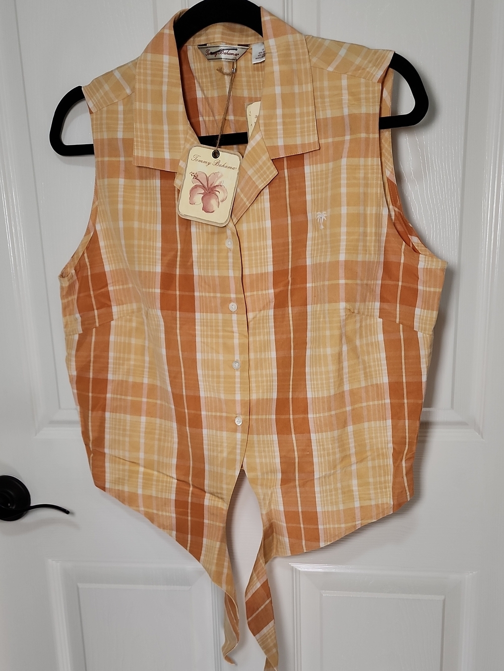 Tommy Bahama Yellow & Orange Plaid Tie-Front Sleeveless Top